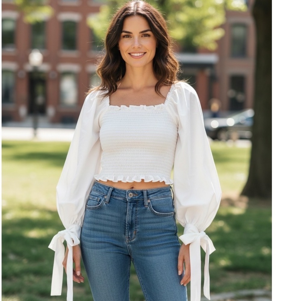 Hyfve White Smocked Balloon Sleeve Tie Cuff Crop Top Regencycore Cottagecore S